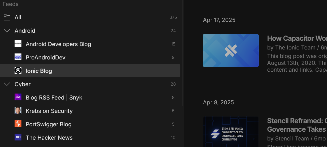 Tableau de bord Feedly présentant différents flux rss