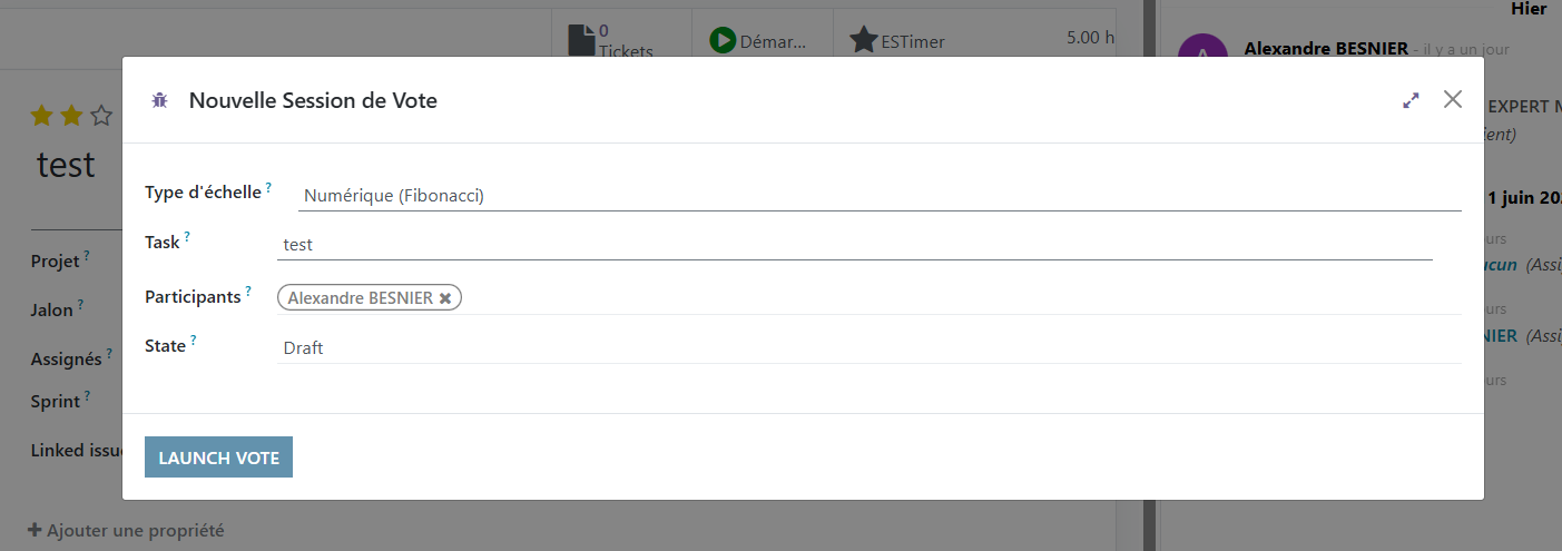 formulaire de création d'une session de poker planning dans Odoo