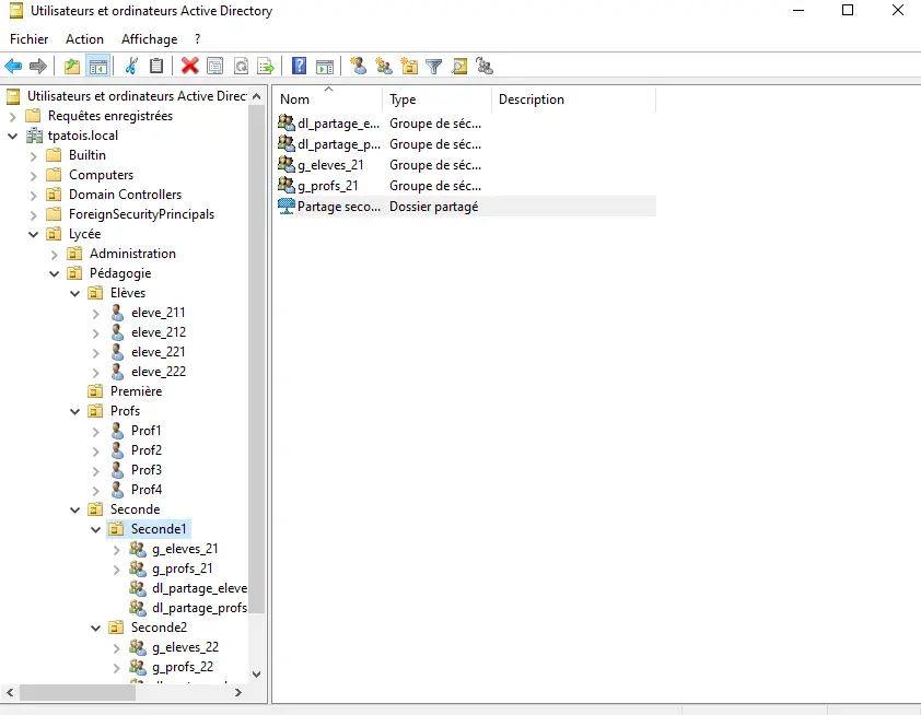 Exemple de structure dans Utilisateurs et ordinateurs Active Directory (UO, groupes, dossiers partages).